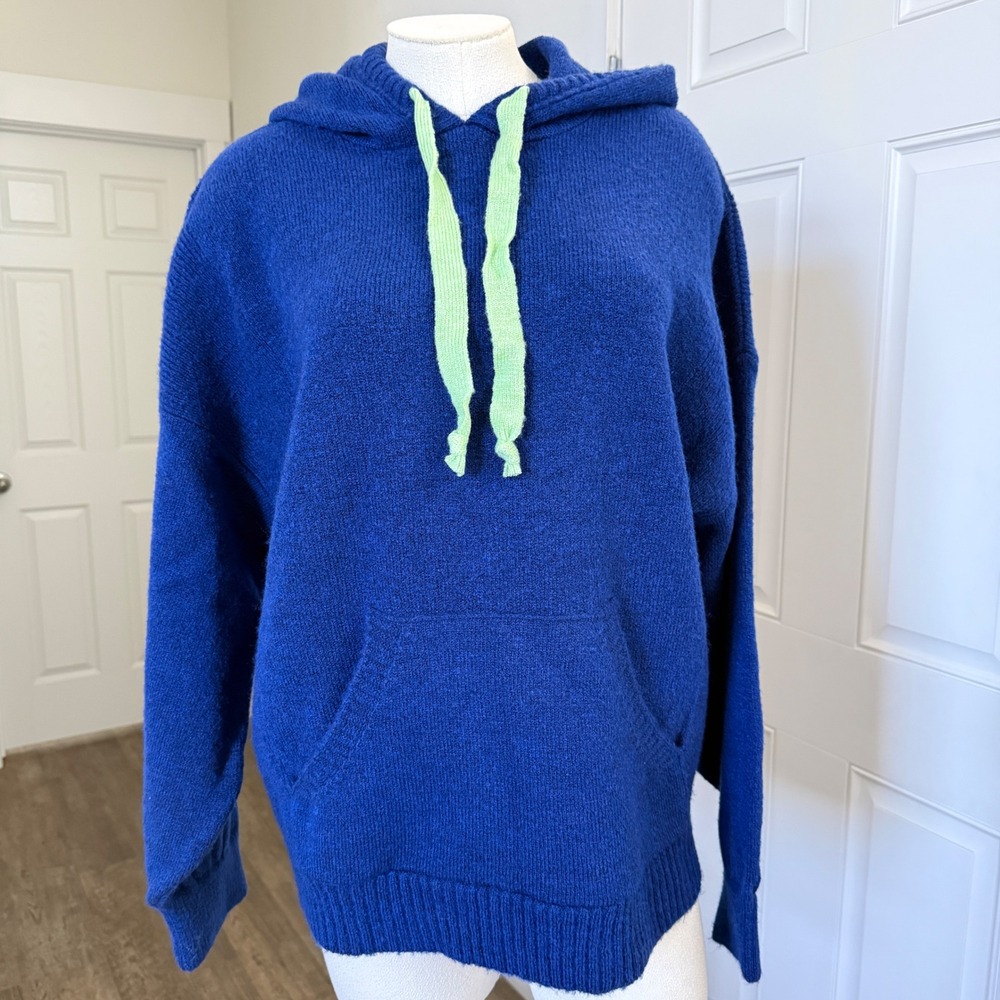 Anthropologie Daily Practice Womens L Blue Knit Hoodie Lime Drawstring Oversized